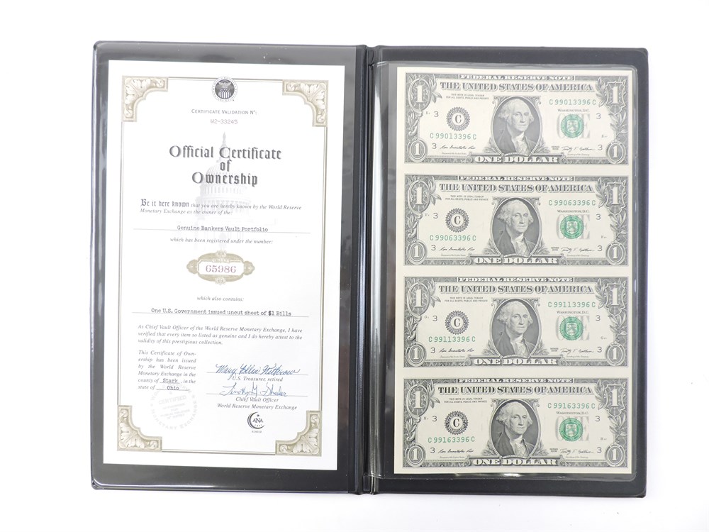 World Reserve Monetary Exchange Uncut Sheets of 4 2009 $1 Dollar Bills 