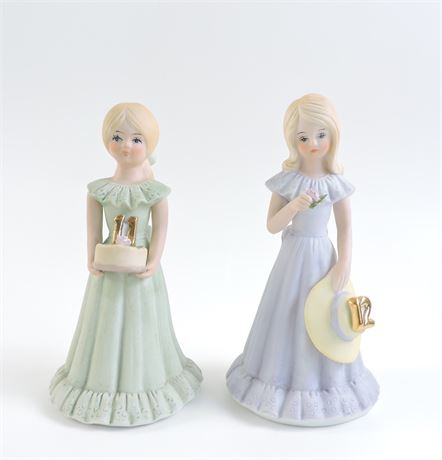 (2) 1981 Enesco "Growing Up" Birthday Girls Figurines, Ages 11 & 12 (523082H)