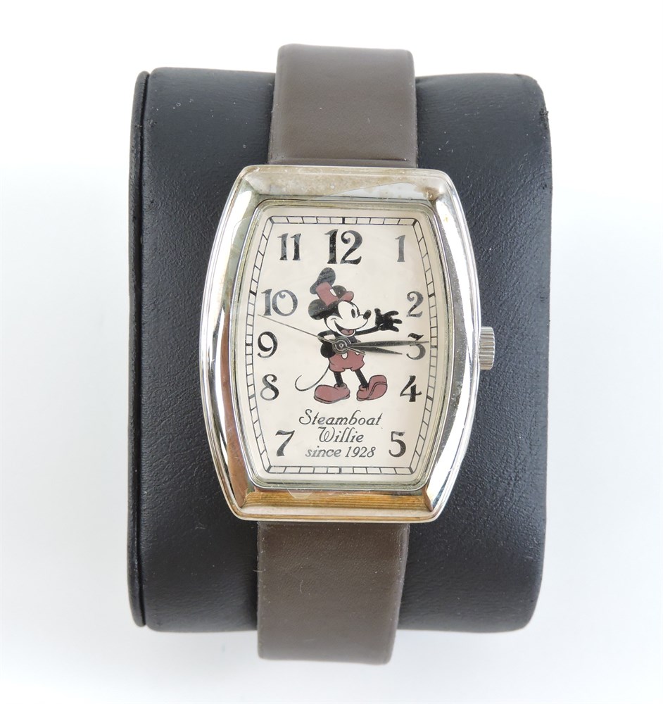 Vintage Steamboat Willie “Since 1928” Mickey Mouse Wrist Watch With selling Tin Case