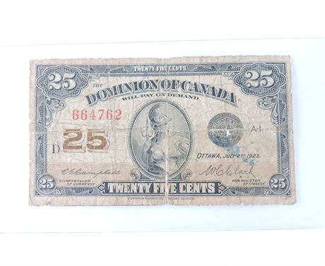 1923 Canadian 25 Cent Shinplaster Bill (273471C)