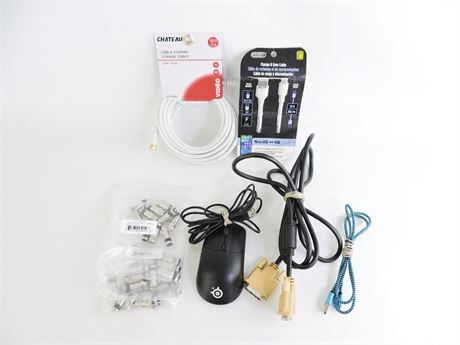 Lot of Electronics: Steel Series Gaming Mouse, Cables, F-Connectors (256724B)