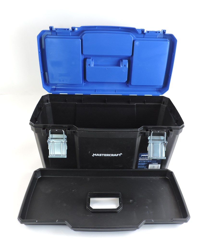 Mastercraft Portable Plastic Tool Box w/ Removable Tray & Tray Top, Blue,  19-in